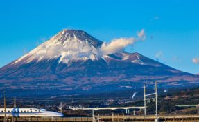 Shinkansen Train in front of Mount Fuji
