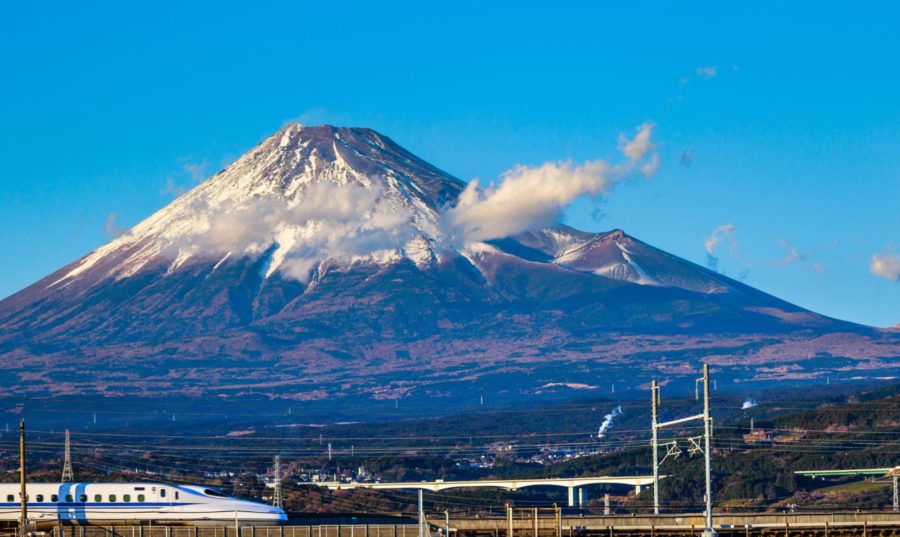 Shinkansen Train in front of Mount Fuji