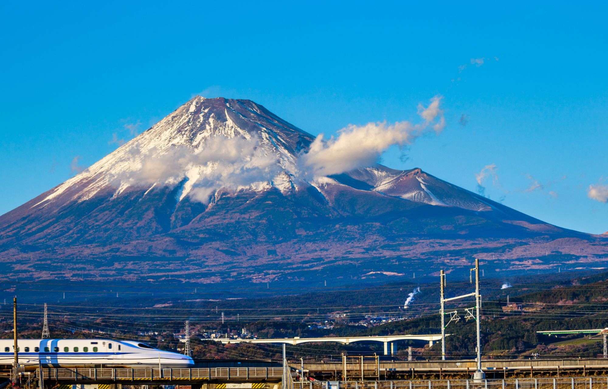 Shinkansen Train in front of Mount Fuji