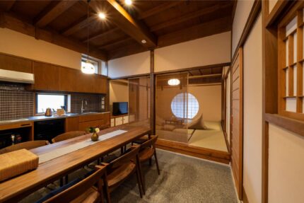 Kitchen, dining room, and tatami room of a traditional Japanese house in Kanazawa, Japan.