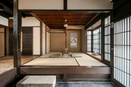 'Misenoma' tatami entrance area of a traditional Japanese house in Kyoto, Japan.