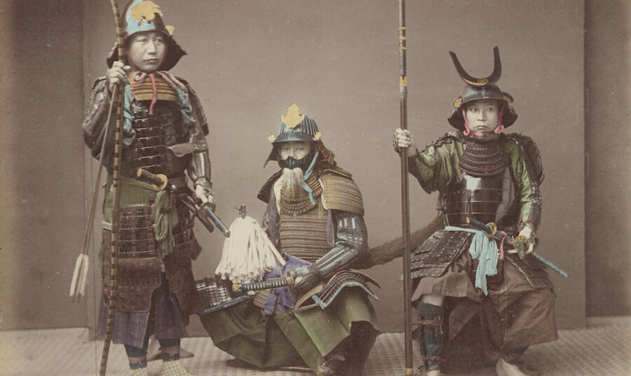 Three Japanese Samurai wearing armour from the late 19th century