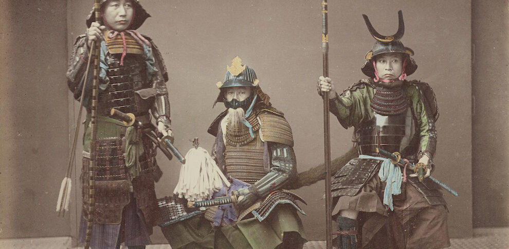 Three Japanese Samurai wearing armour from the late 19th century