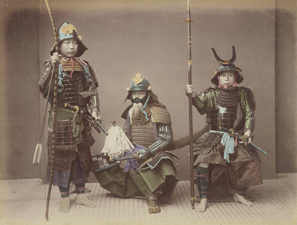 Three Japanese Samurai wearing armour from the late 19th century