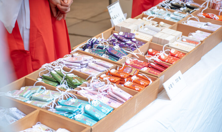 Omamori amulets sold in a shrine located in Osaka, Japan.