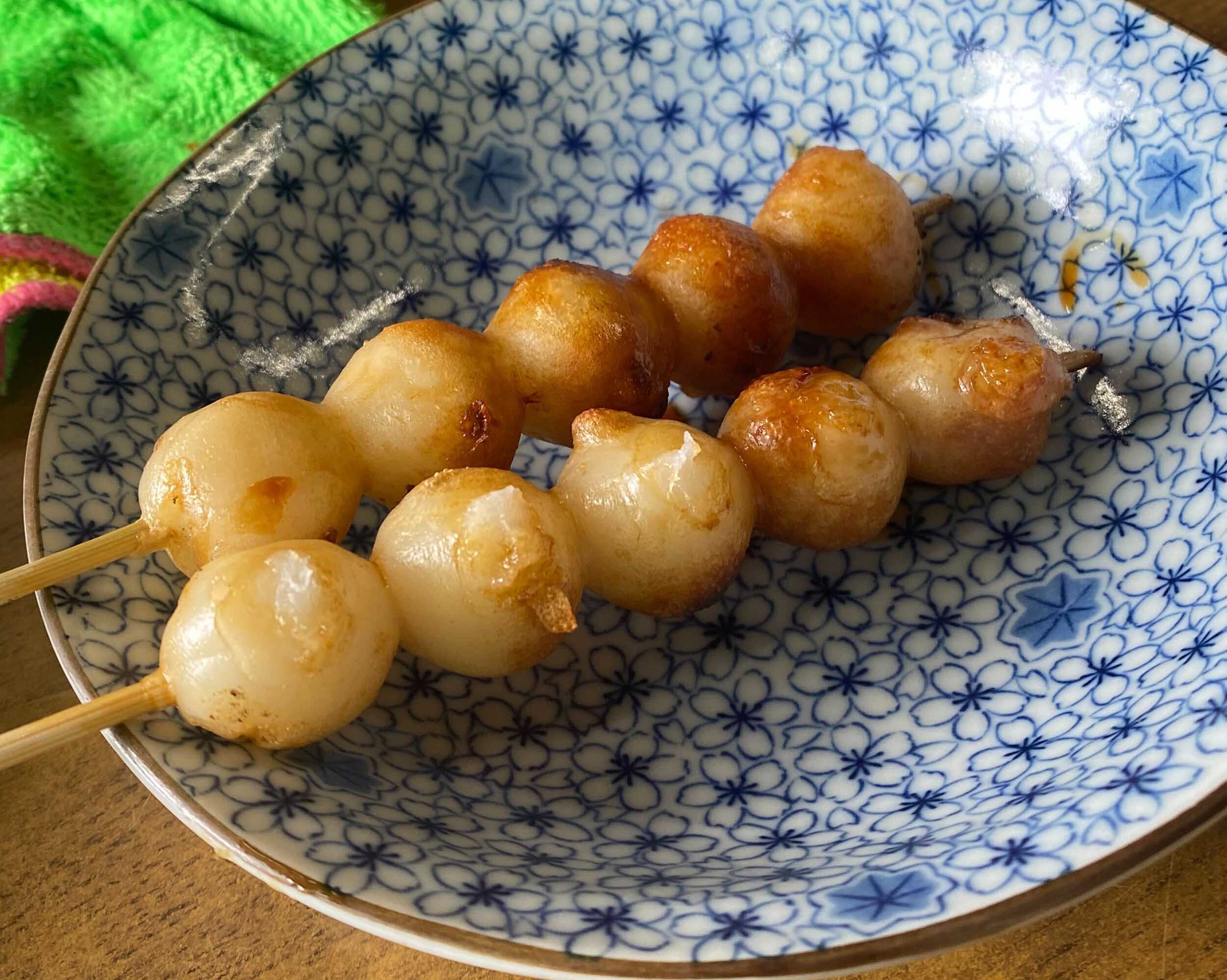Mitarashi Dango (soy sauce-glazed rice dumplings)